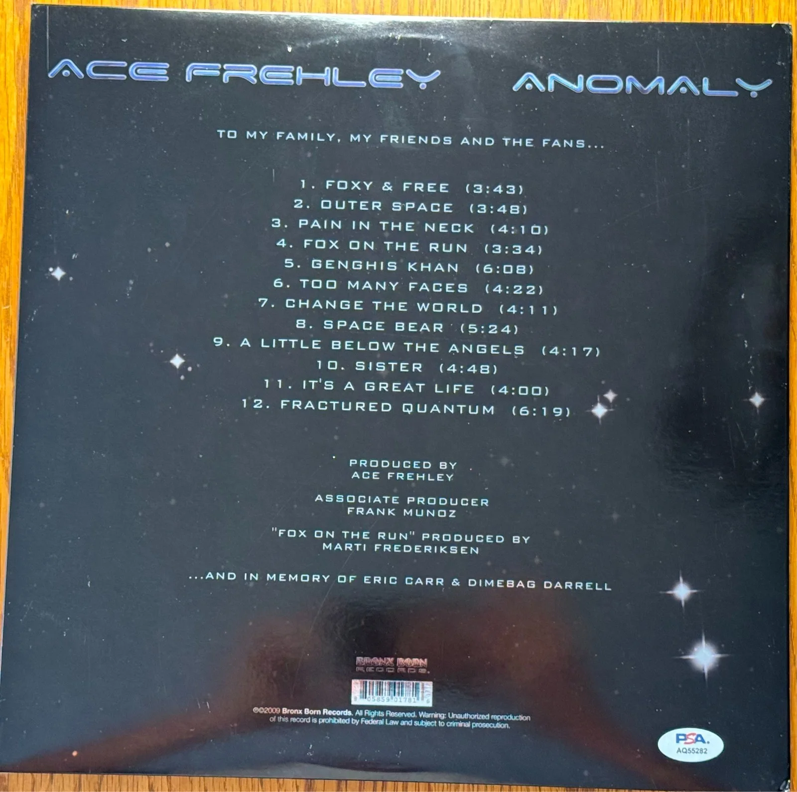 ACE FREHLEY SIGNED ANOMALY BLACK VINYL LP KISS PSA/DNA CERTIFICATION, image 2