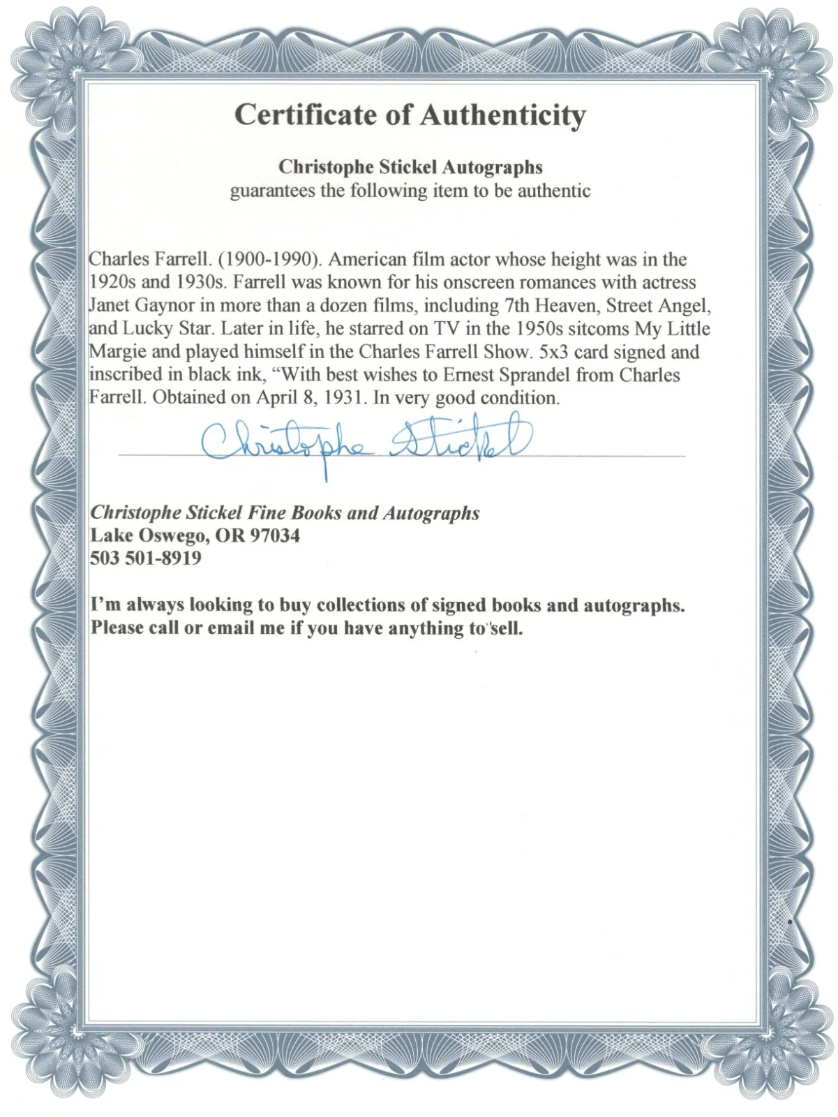 Charles Farrell. Film star. My Little Margie. Signed 5x3 card. COA, изображение 2