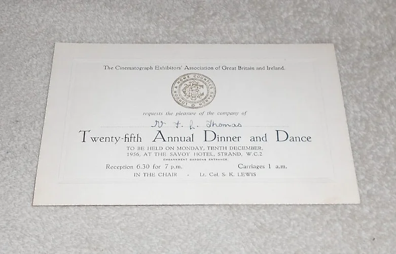 CINEMATOGRAPH EXHIBITORS ASS. 1956 ANNUAL DINNER & DANCE TICKET. SAVOY HOTEL, изображение 2