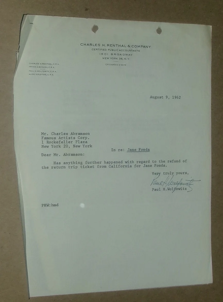 JANE FONDA PERIOD OF ADJUSTMENT CPA Billing For Plane Fare Refund From MGM #1, изображение 2