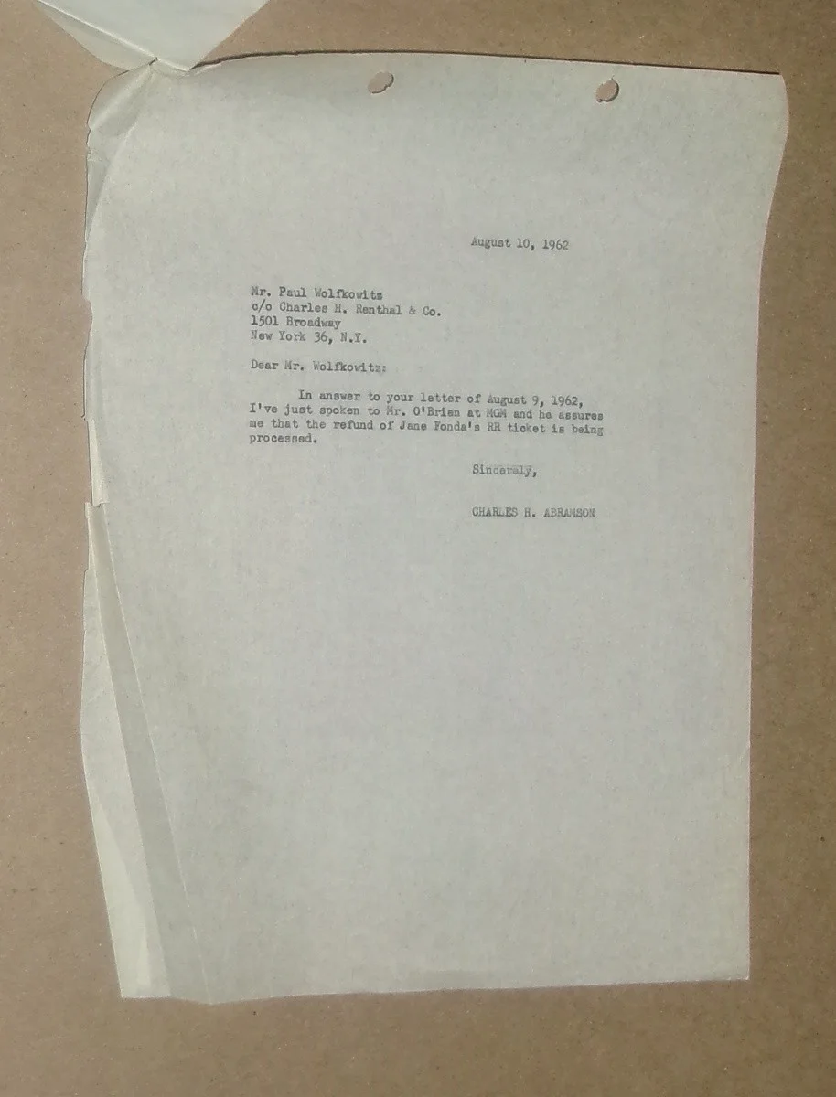 JANE FONDA PERIOD OF ADJUSTMENT CPA Billing For Plane Fare Refund From MGM #1, изображение 3