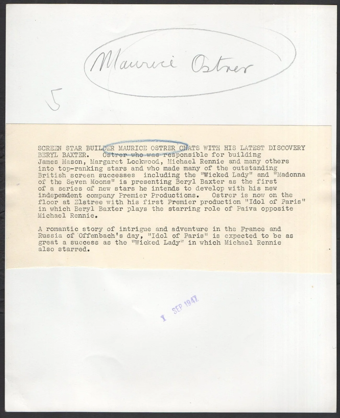 IDOL OF PARIS 1948 Maurice Ostrer, Beryl Baxter Gainsborough Studios 10x8 STILL, изображение 2