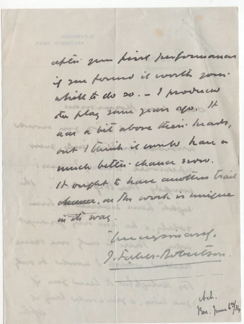 J. Forbes-Robertson Signed Letter 1914 / Autographed English Stage Actor, изображение 2