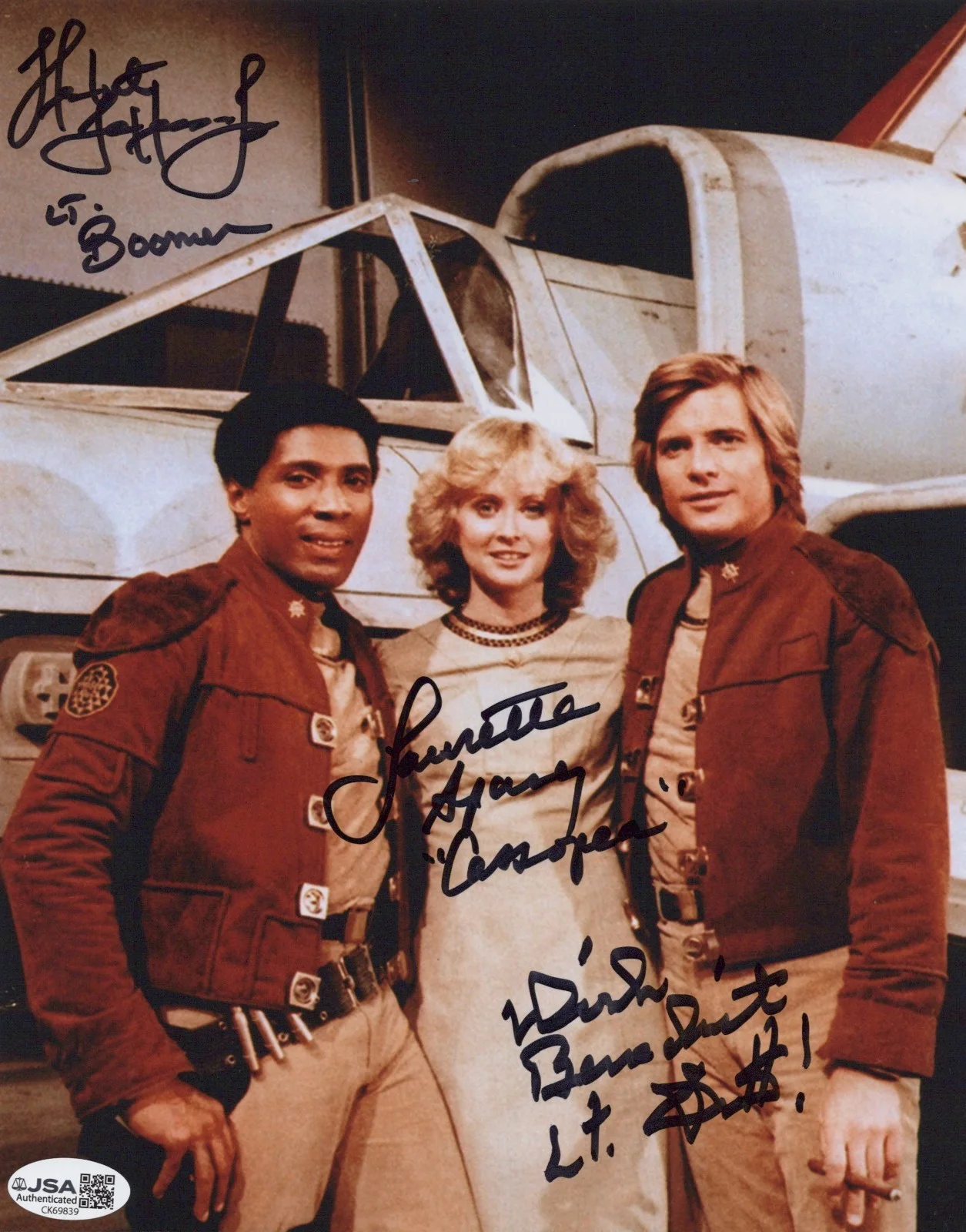 Dirk Benedict & Herbert Jefferson, Jr — Battlestar Galactica- Benedict, Jefferson, Jr & Spang signed 8x10 JSA COA