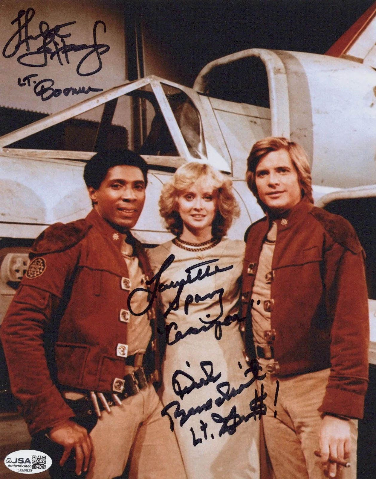 Dirk Benedict & Herbert Jefferson, Jr — Battlestar Galactica- Benedict, Jefferson, Jr & Spang signed 8x10 JSA COA