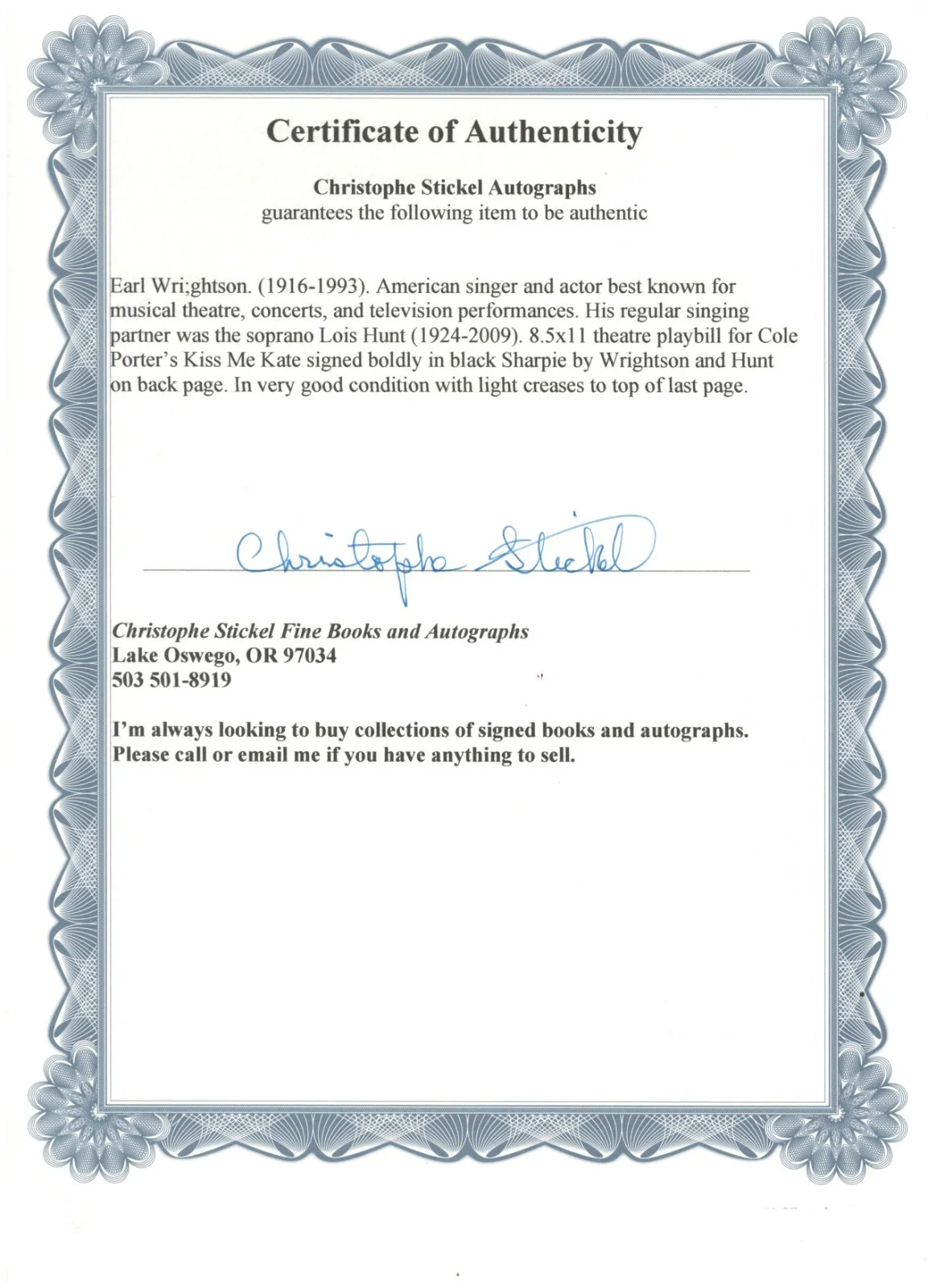 Earl Wrightson & Lois Hunt. Signed playbill from Kiss Me Kate. COA, изображение 3