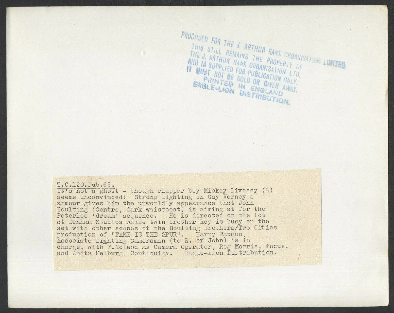 FAME IS THE SPUR 1947 John Boulting, Harry Waxman Guy Verney camera STILL #PUB65, image 2