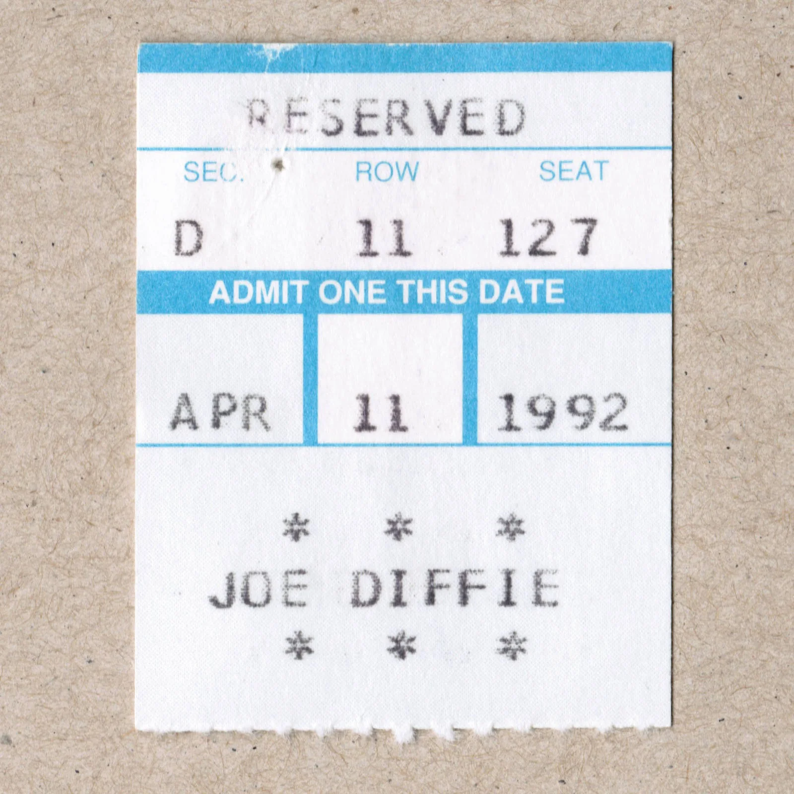 1992 Joe Diffie Signed Autograph w/Fan Taken 3.5 x 3.5 OOAK Photo Ticket Stub, image 2
