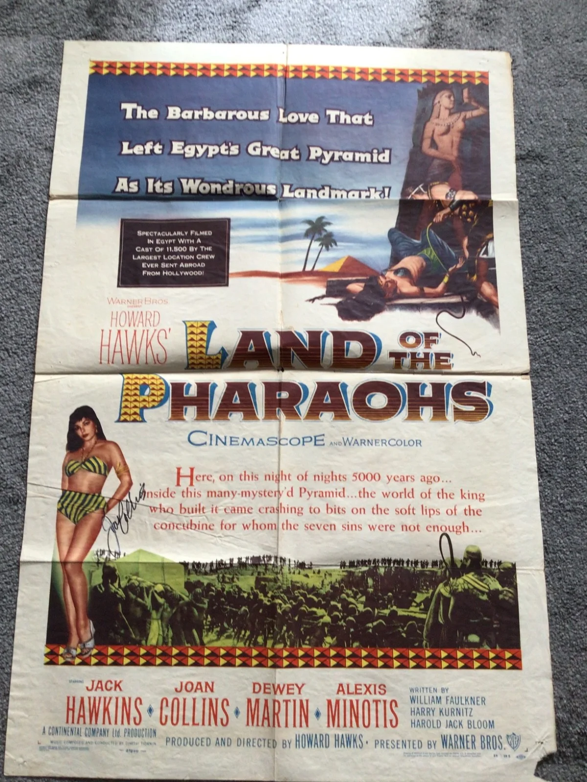 Land of the Pharaohs original one sheet signed movie poster in Fair condition, изображение 2