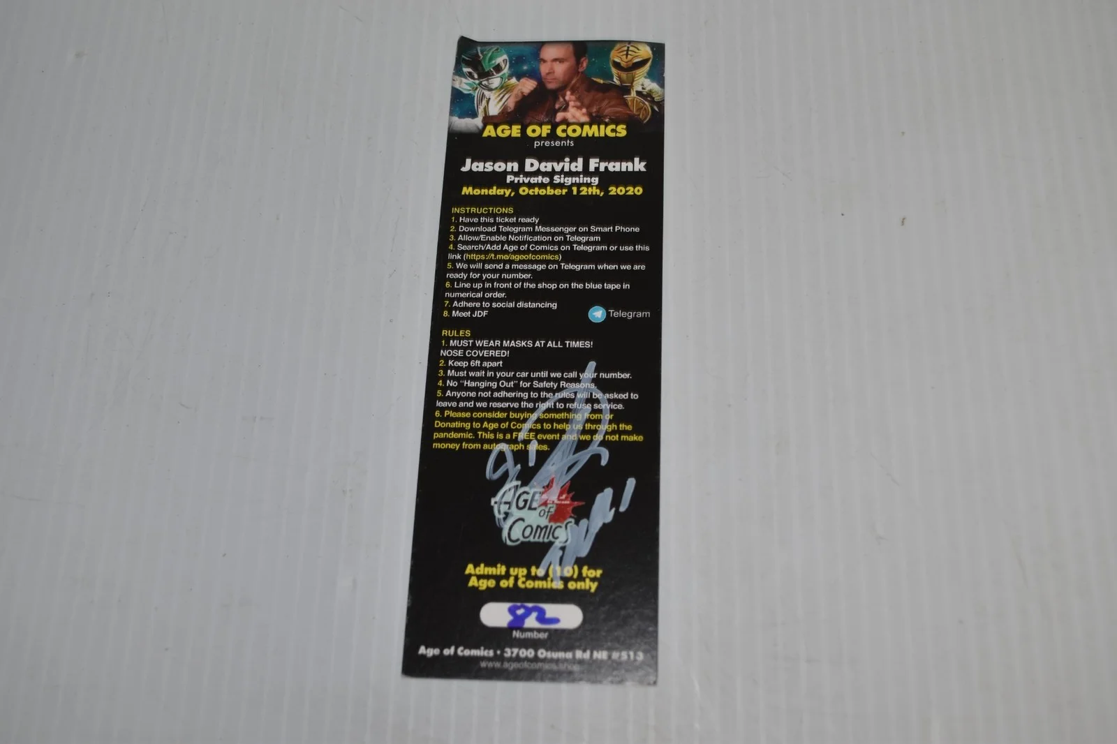Jason David Frank — Jason David Frank Signed PRIVATE SIGNING TICKET White Power Ranger (FKO385)