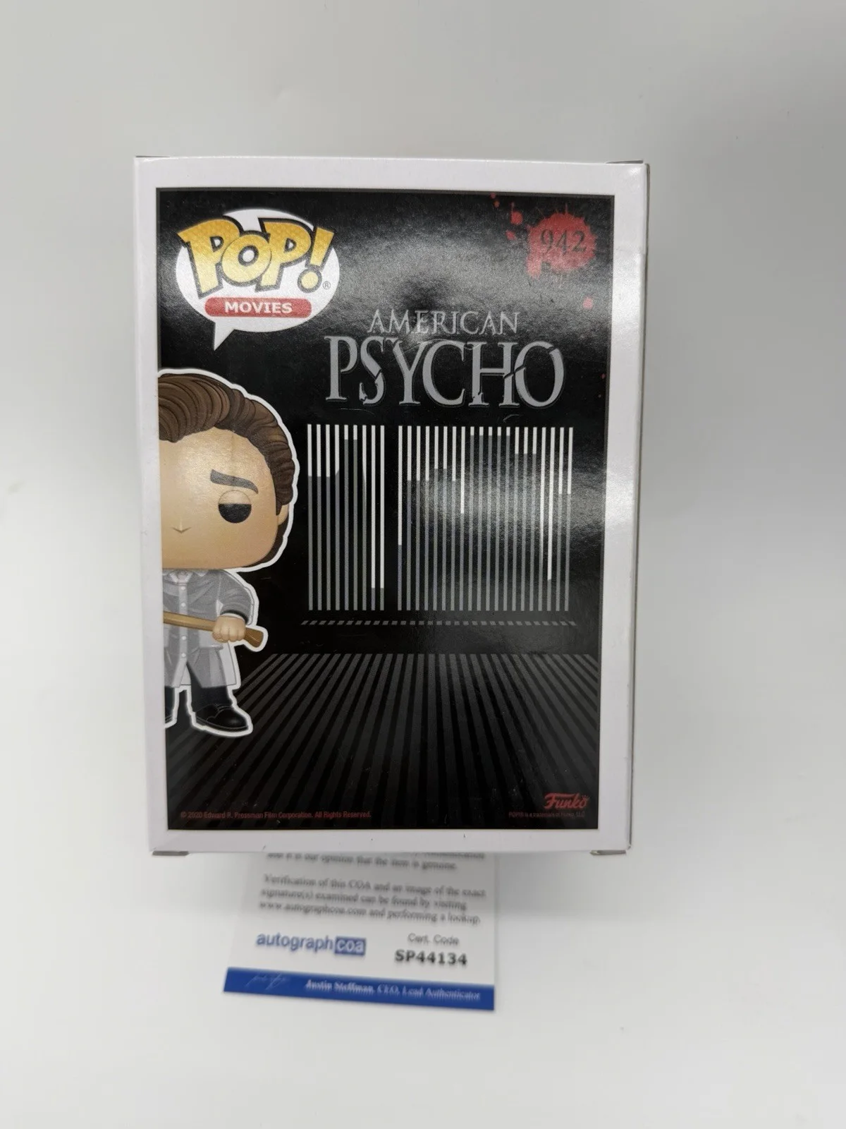 Christian Bale — Christian Bale signed Psycho Funko Pop 942 Patrick Bateman Blood Axe Clear Coat, image 4