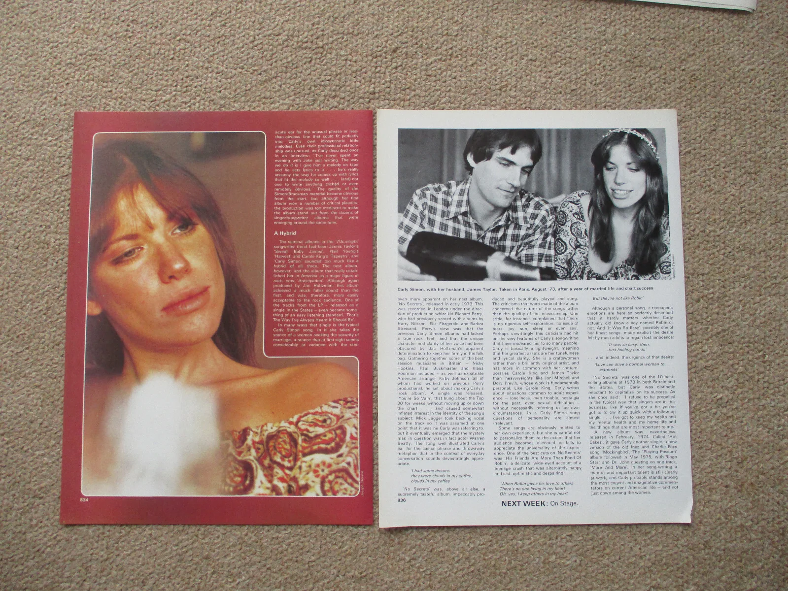 Carly Simon - 4 page magazine article with colour and B/W pics, image 2