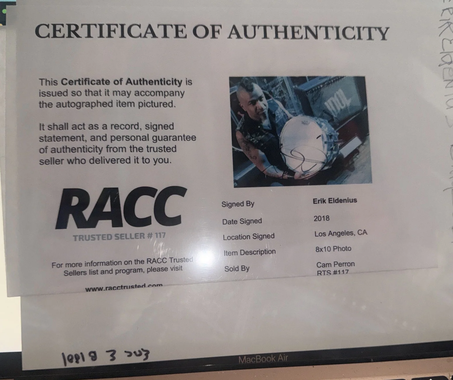 ERIK ELDENIUS BILLY IDOL Drummer COA RACC, image 2