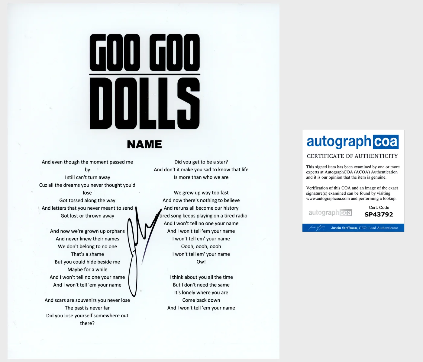 JOHNNY RZEZNIK SIGNED GOO GOO DOLLS NAME LYRIC SHEET EXACT PROOF & AUTOGRAPH COA, изображение 2