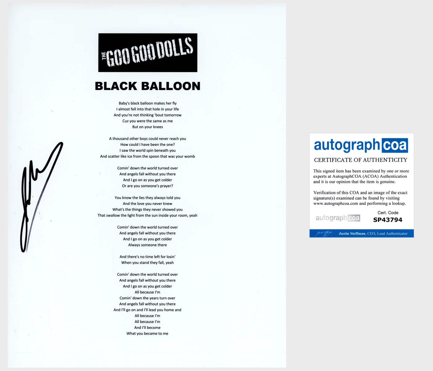 JOHNNY RZEZNIK SIGNED GOO GOO DOLLS BLACK BALLOON LYRIC SHEET EXACT PROOF & COA, изображение 2
