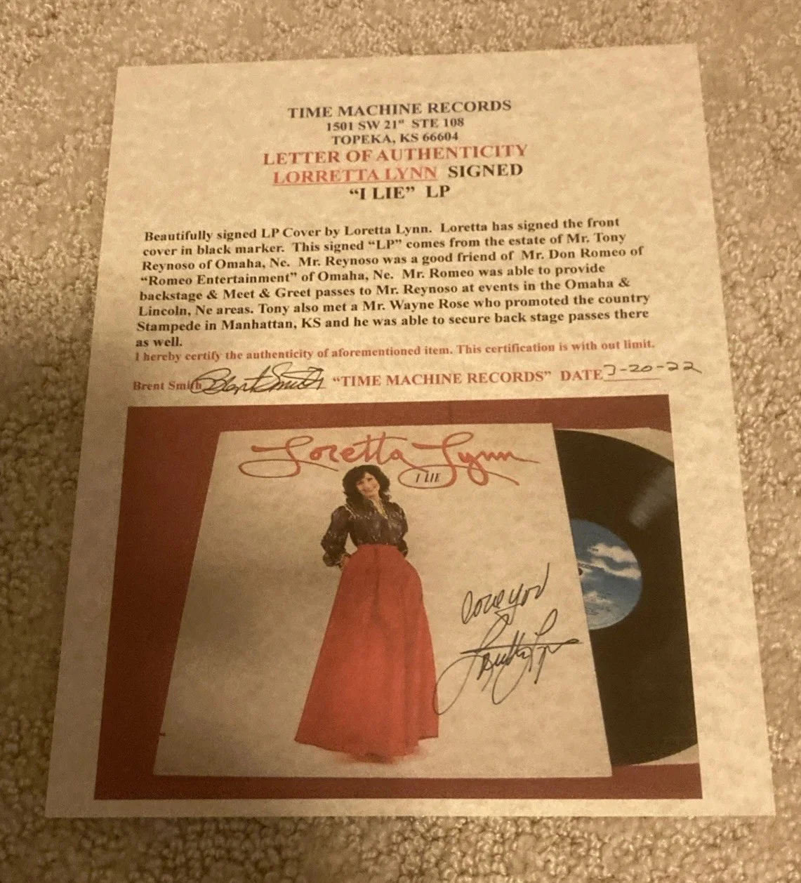 Loretta Lynn “A Lie” LP Vinyl/Signed LP Vinyl Cover, image 4
