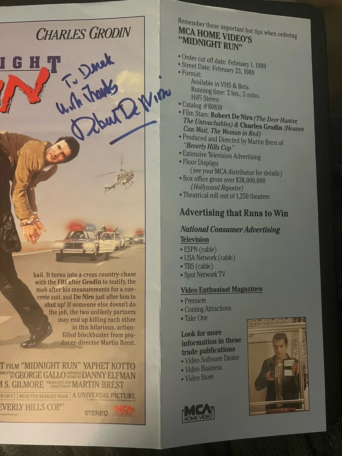 Robert DeNiro, Charles Grodin — ‘Midnight Run’ Robert DeNiro & Charles Grodin Signed By Both ~ VHS Promo Flyer, изображение 2
