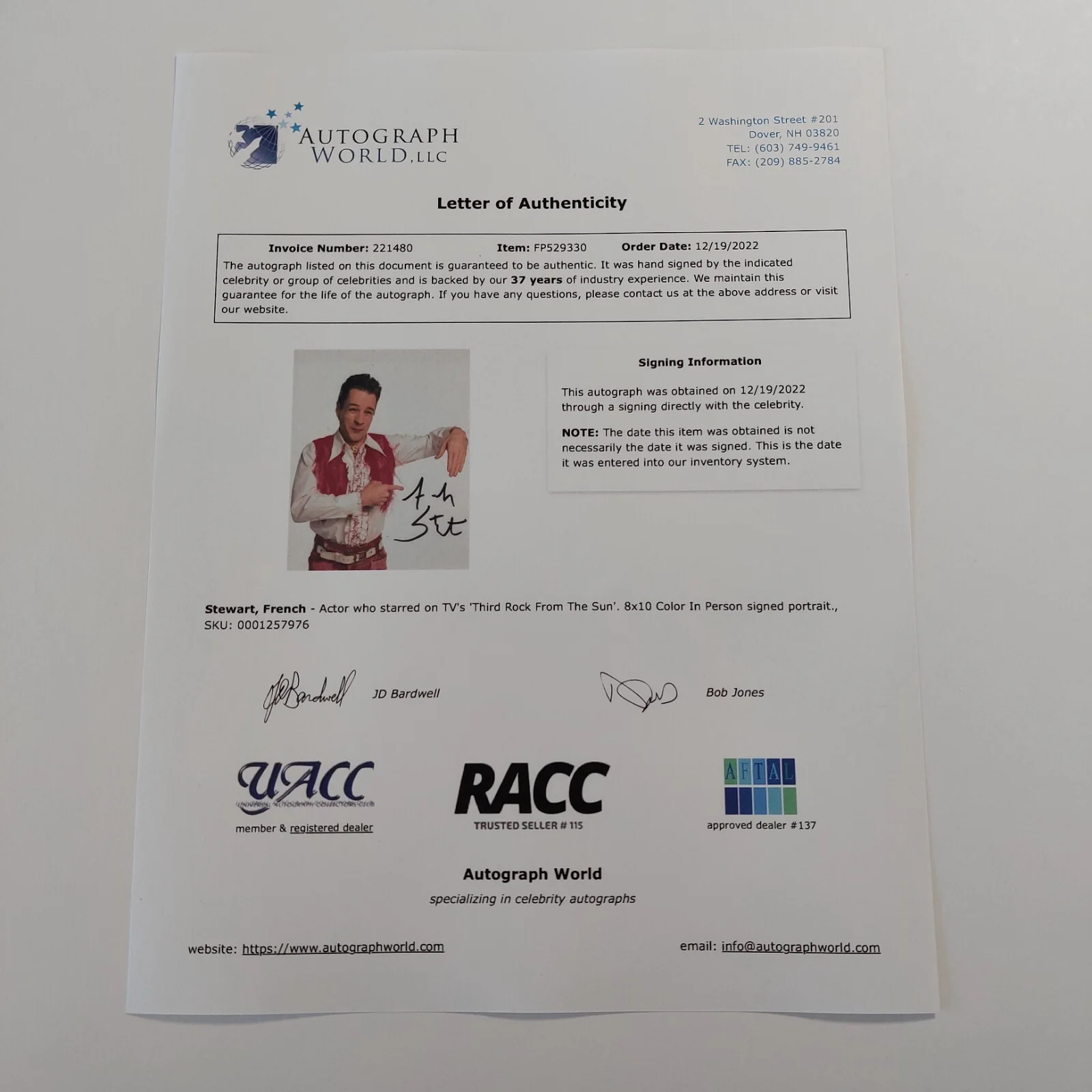 French Stewart — French Stewart Signed 8x10 Photo With COA 3rd rock from the Sun, изображение 2