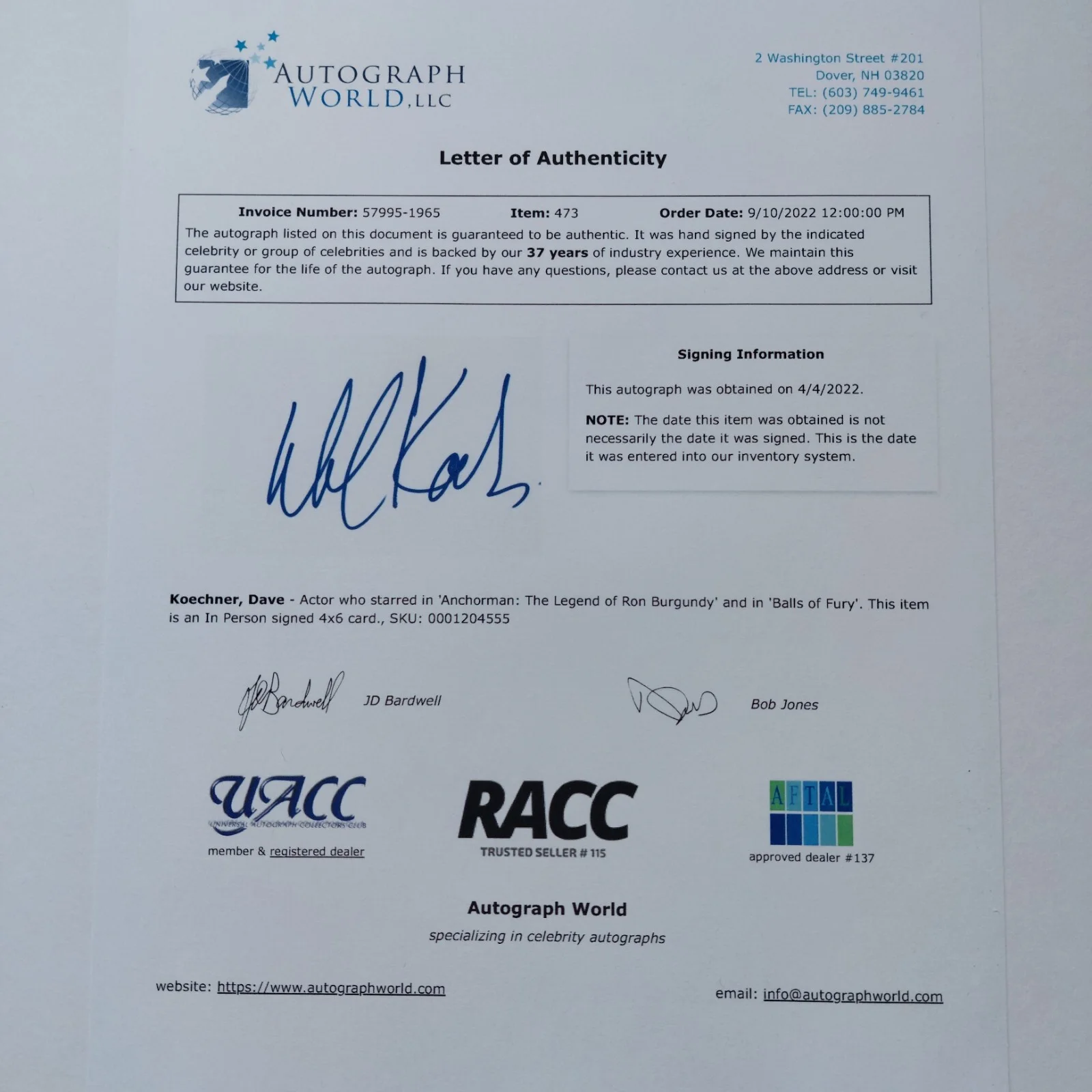 David Koechner — David Koechner Signed 4x6 Index Card COA Anchorman The Office Get Smart Auto, image 5