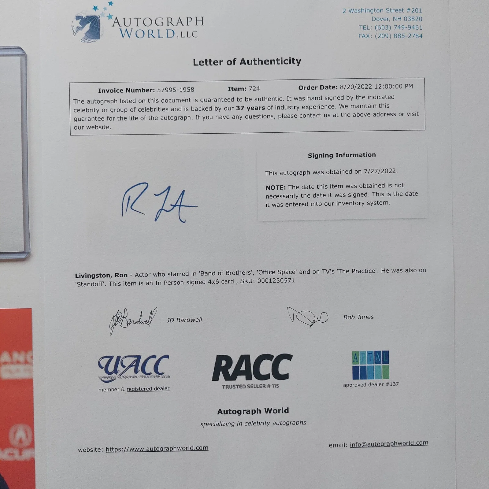 Ron Livingston — Ron Livingston signed 4x6 Index Card (Loudermilk, Office Space, Swingers) Auto, изображение 3