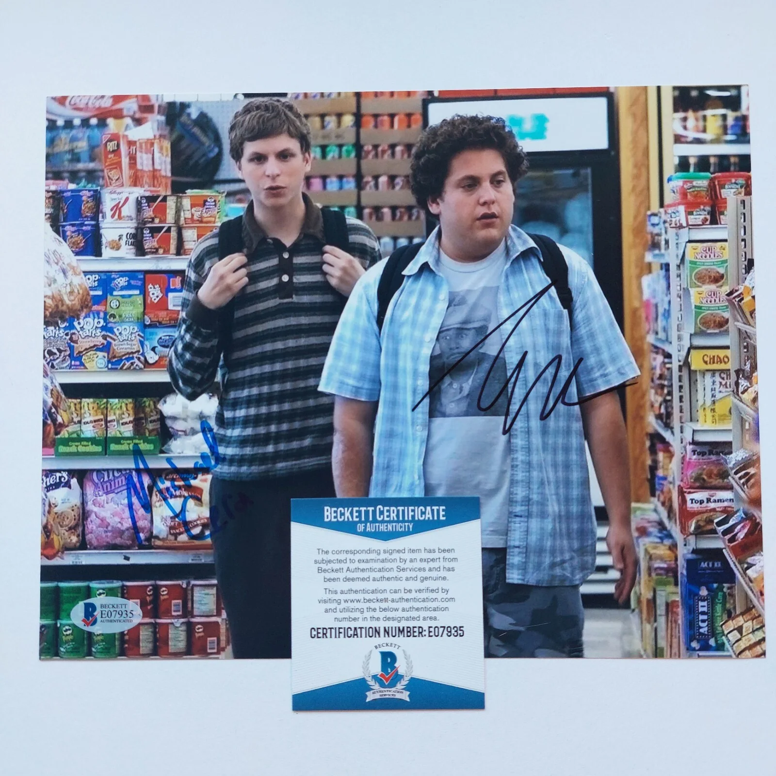 Michael Cera and Jonah Hill — Superbad Cast Signed 8X10 Photo Michael Cera and Jonah Hill Beckett COA