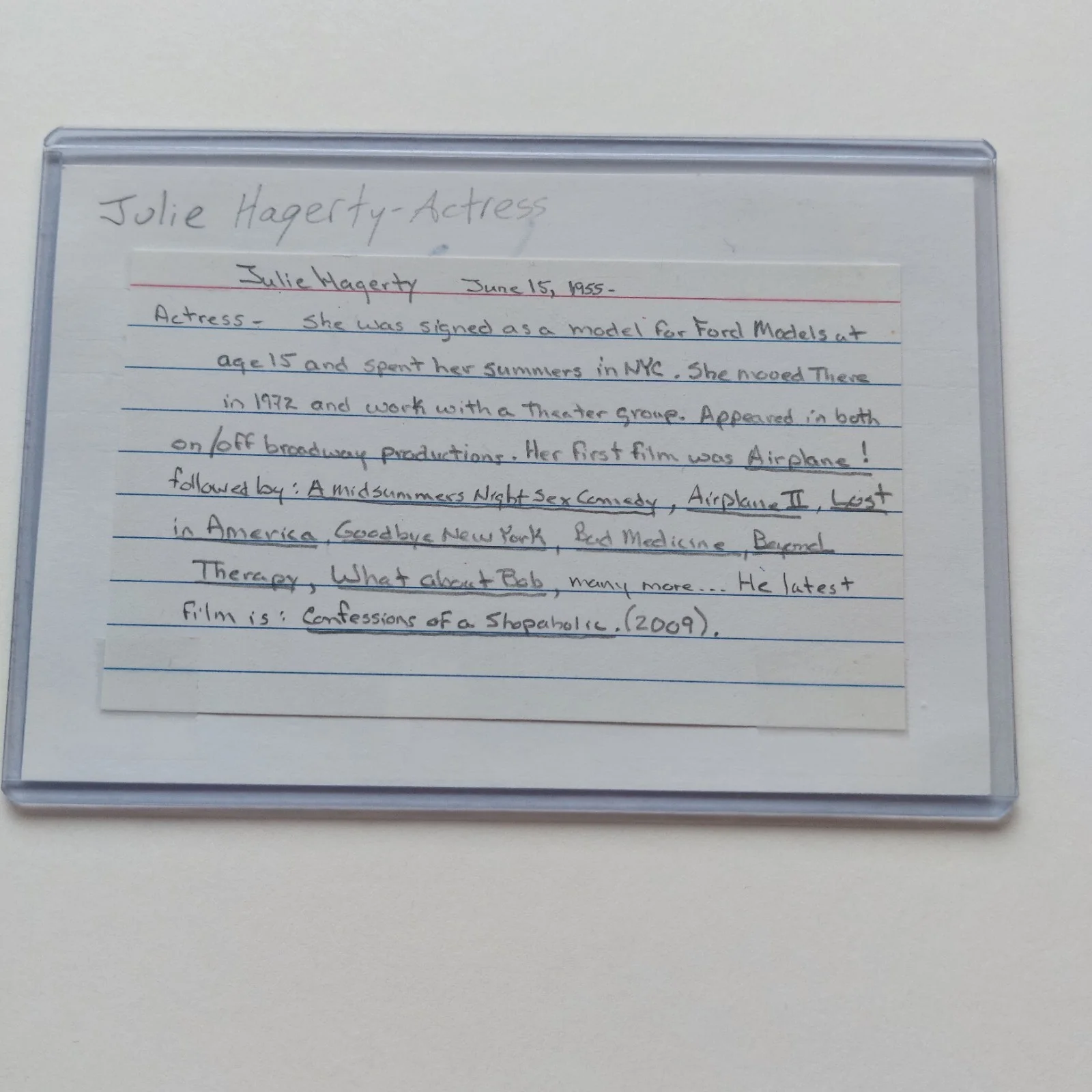 Julie Hagerty — Julie Hagerty signed 4x6 Index card Airplane Lost in America CUT AUTO, image 4