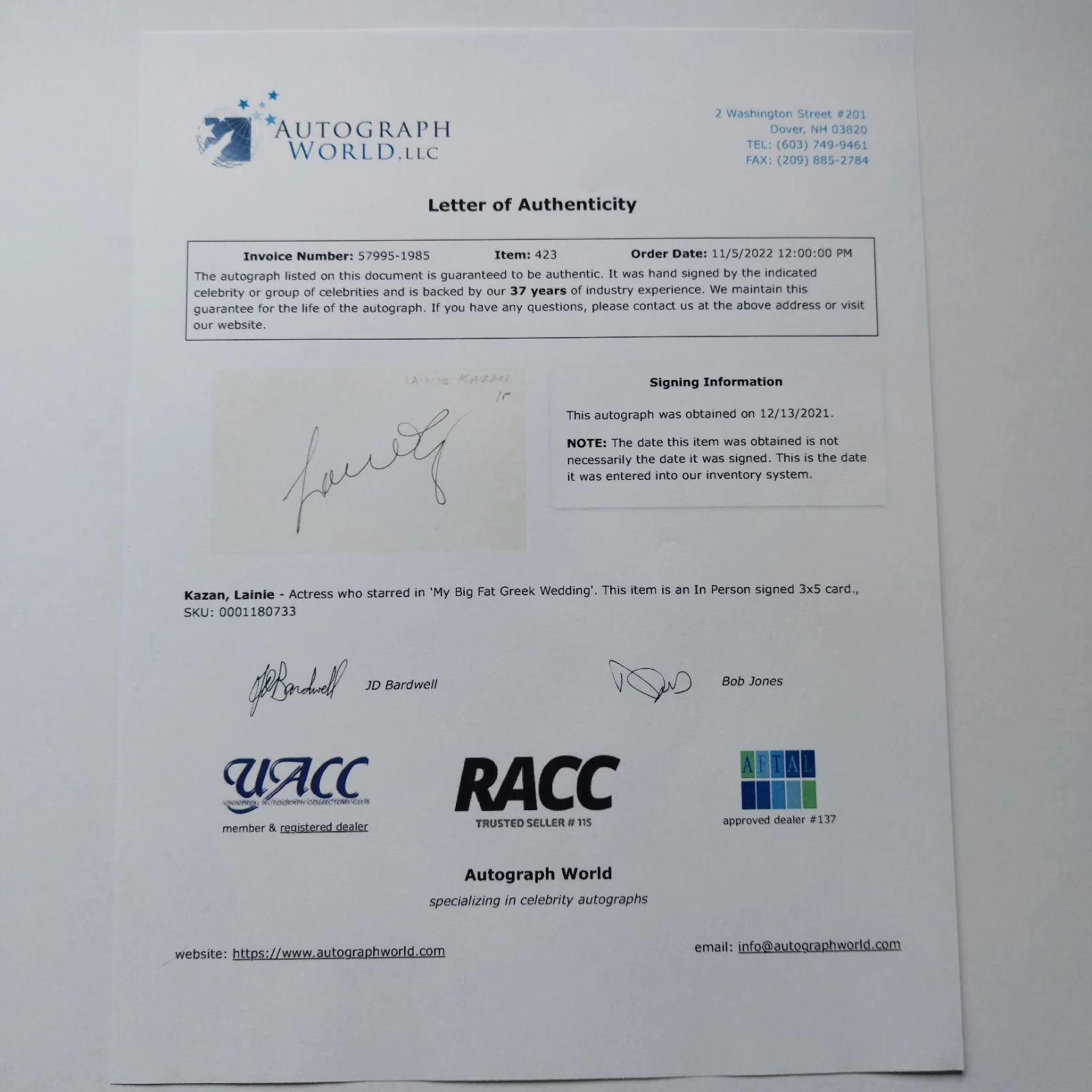 Lainie Kazan — Lainie Kazan Signed 3x5 Index card with COA Greek Wedding Streisand understudy, изображение 5