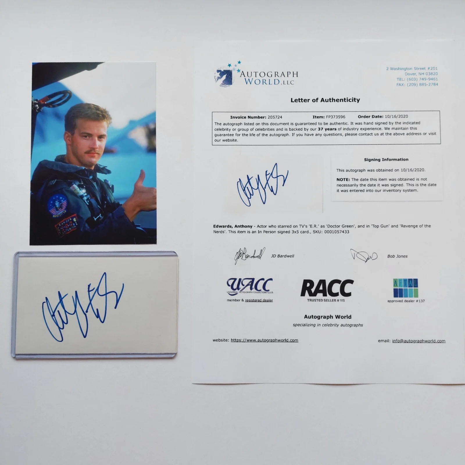 Anthony Edwards — Top Gun Anthony Edwards Signed 3x5 Index Card COA (ER, Revenge of the Nerds), image 2