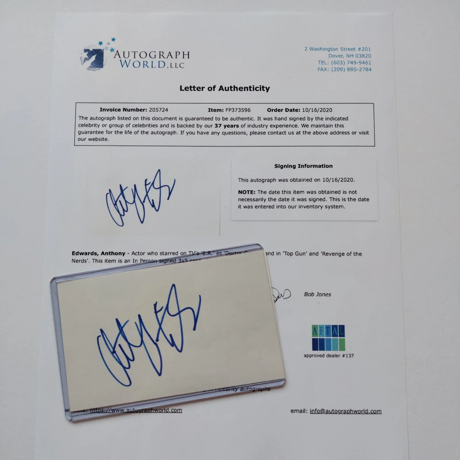 Anthony Edwards — Top Gun Anthony Edwards Signed 3x5 Index Card COA (ER, Revenge of the Nerds), image 5
