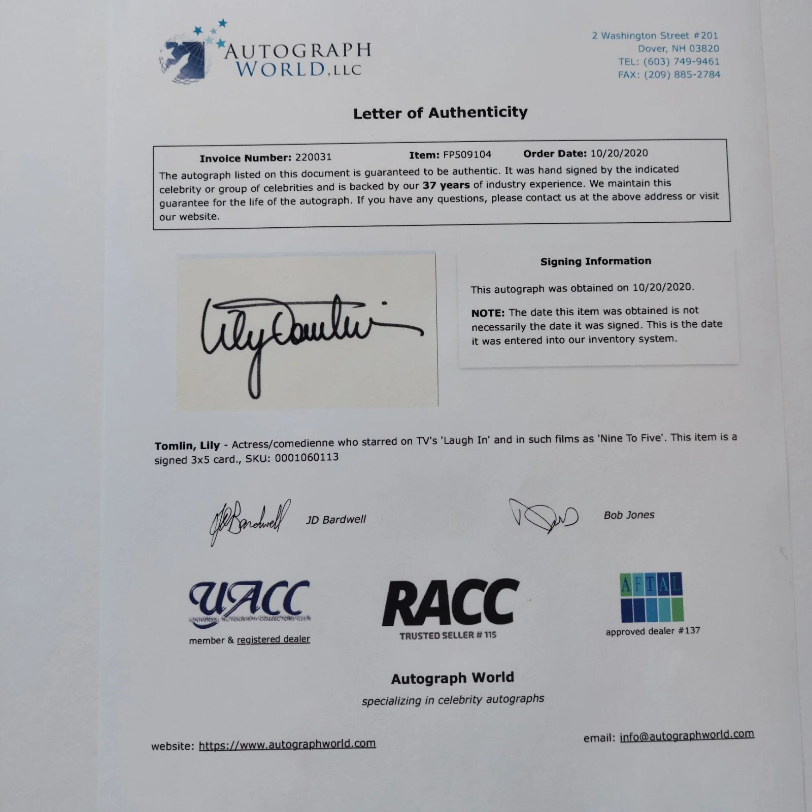 Lily Tomlin — Lily Tomlin Signed 3x5 Index Card COA (Grace and Frankie, 9 to 5, All of Me), изображение 4