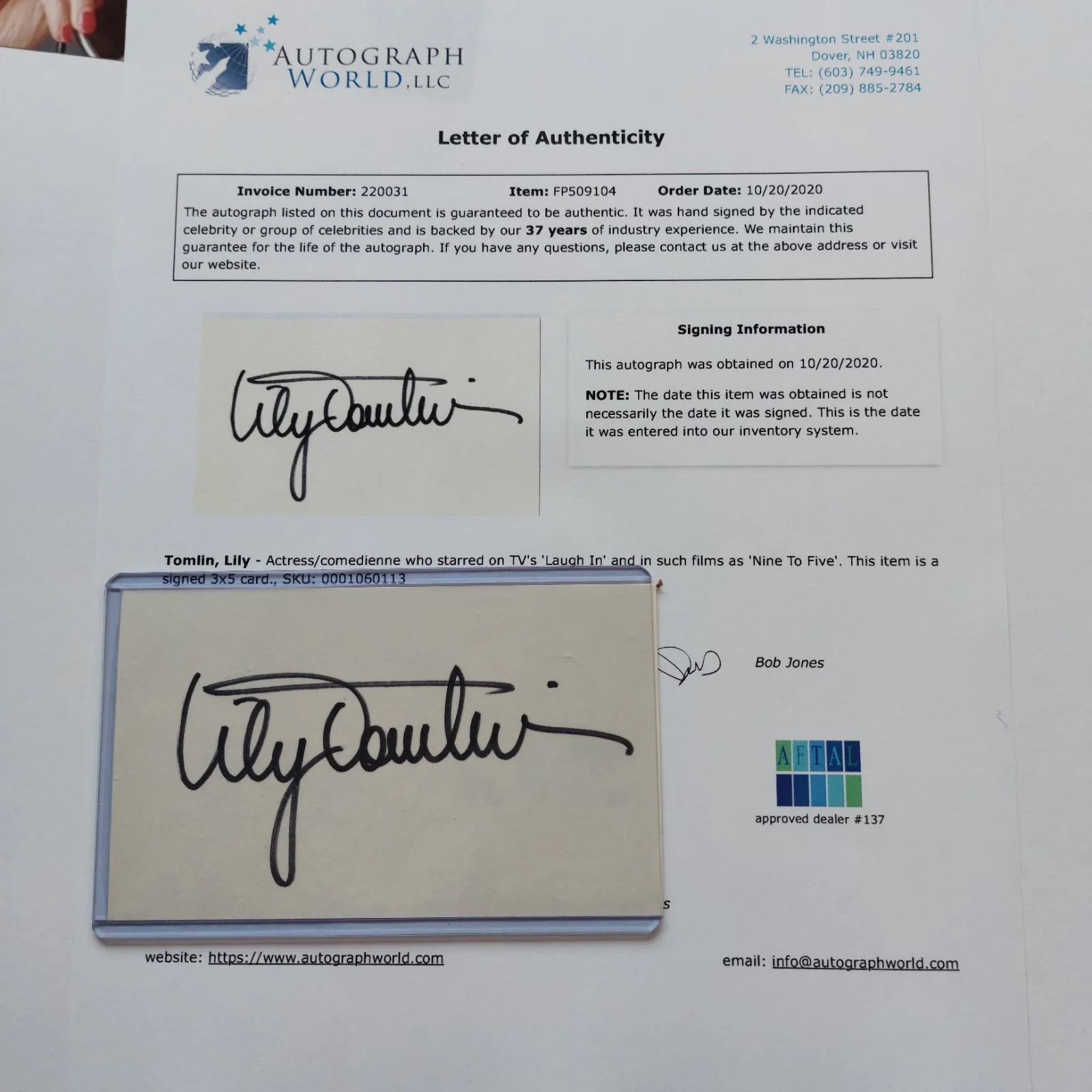 Lily Tomlin — Lily Tomlin Signed 3x5 Index Card COA (Grace and Frankie, 9 to 5, All of Me), изображение 5