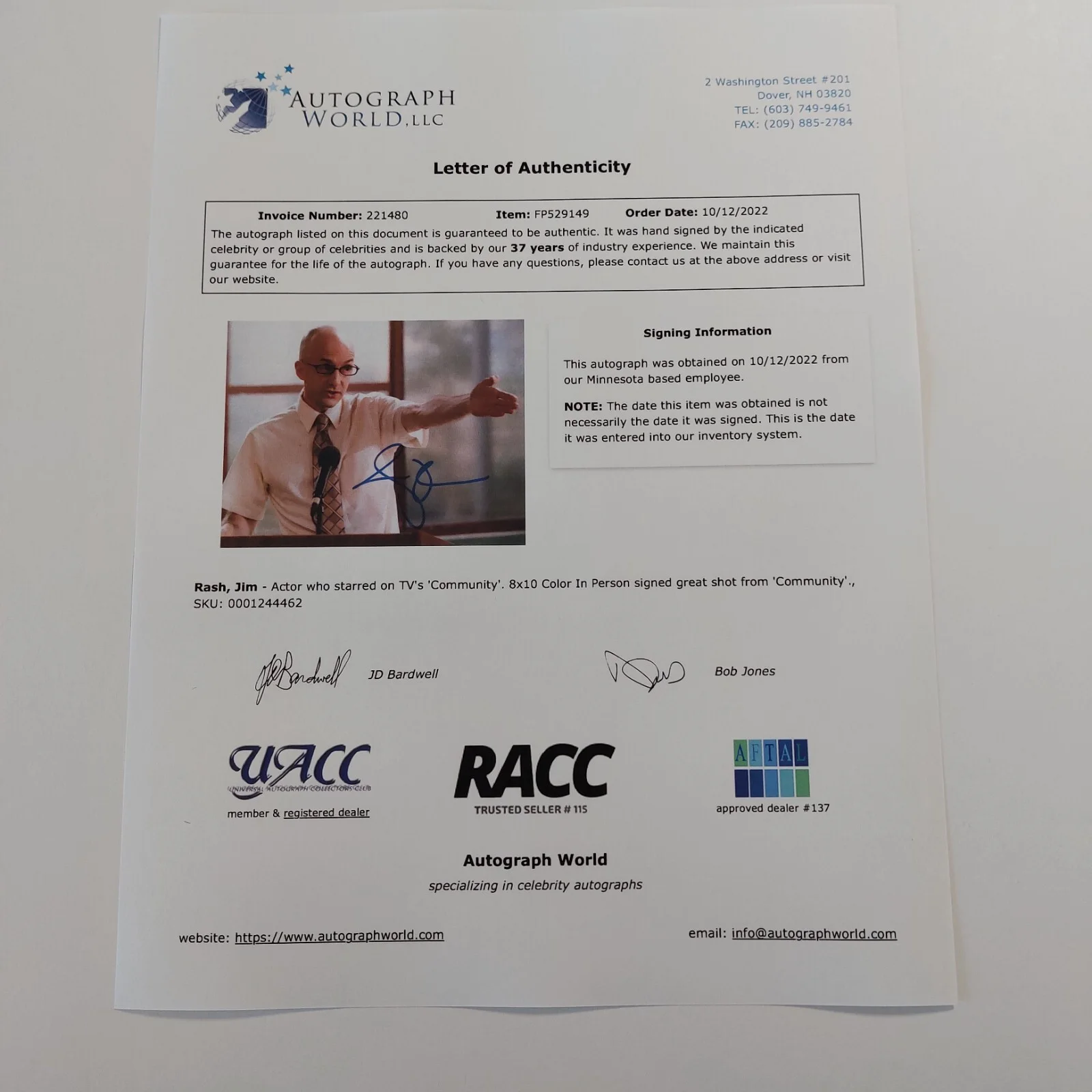 Jim Rash — Jim Rash Signed 8X10 Photo with COA (Community, Descendants, Way Back), изображение 3