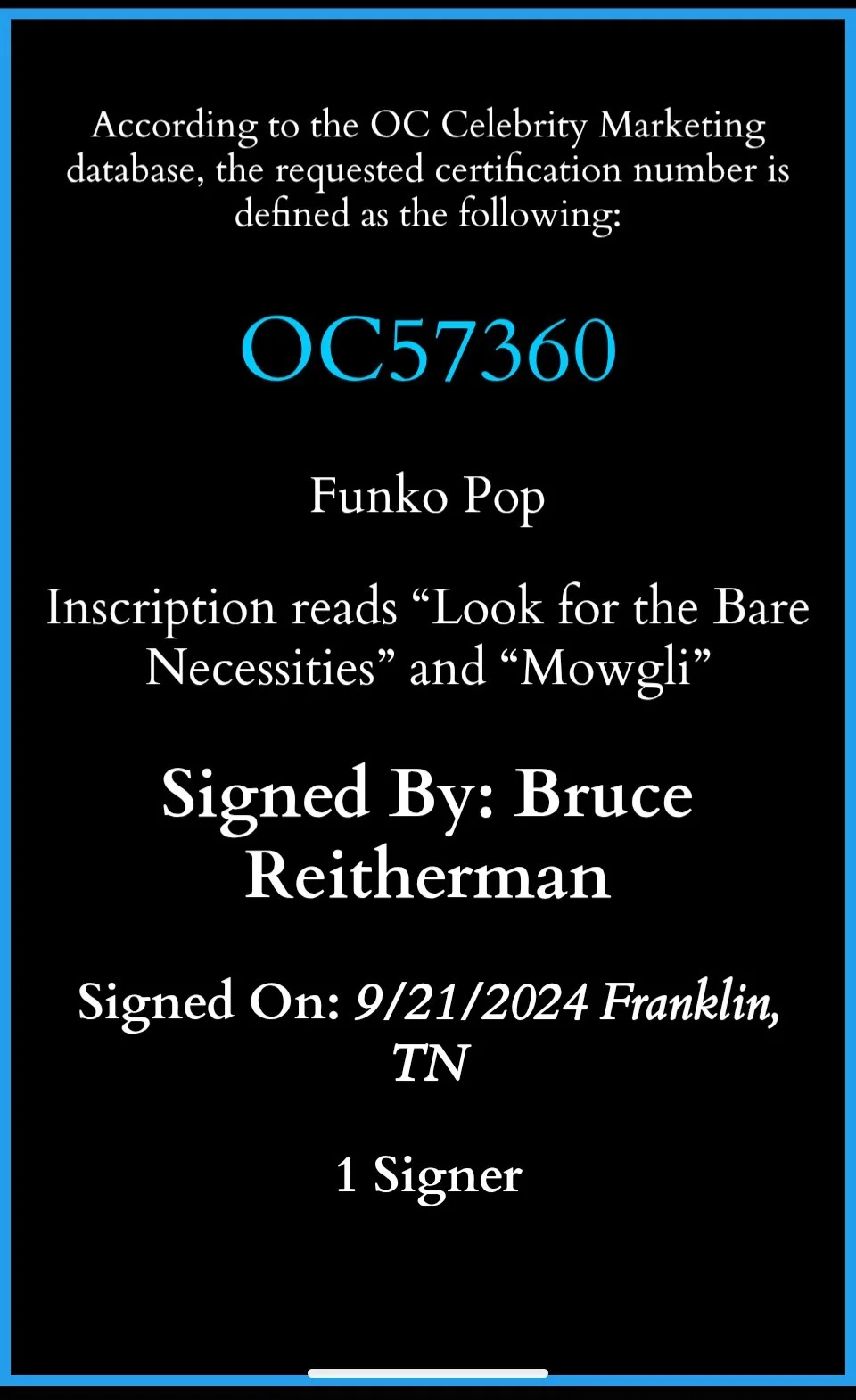 Bruce Reitherman signed Funko moment Disney Jungle Book Baloo Mowgli OCCM COA, изображение 2