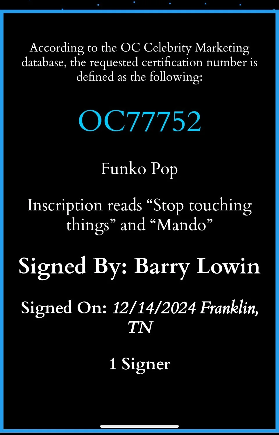 JOHN ROSENGRANT — Barry Lowin SIGNED AUTOGRAPHED MANDALORIAN THE CHILD FUNKO POP #368 COA, изображение 2