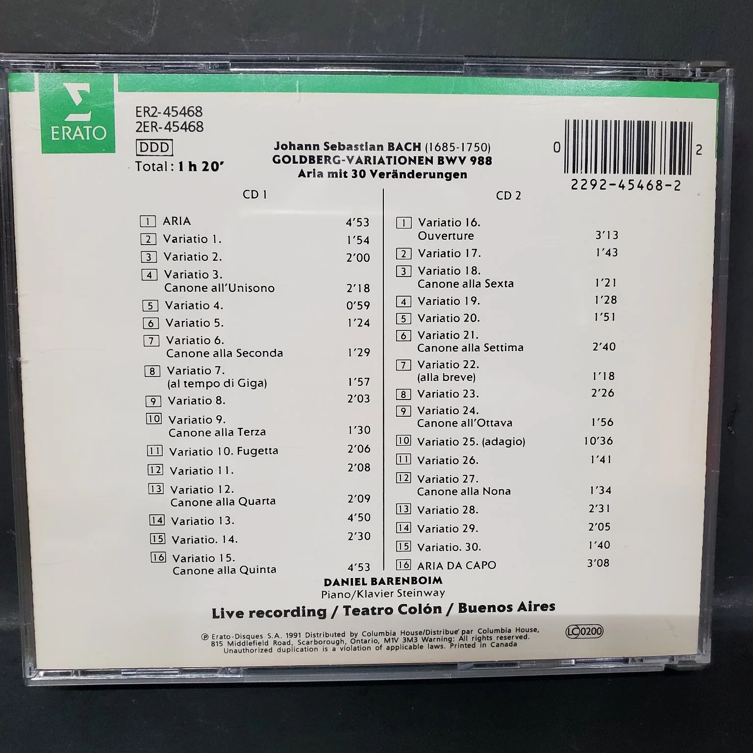 Erato J.S. Bach’s Goldberg Variations – Daniel Barenboim 2CD Set Live 1991, изображение 2