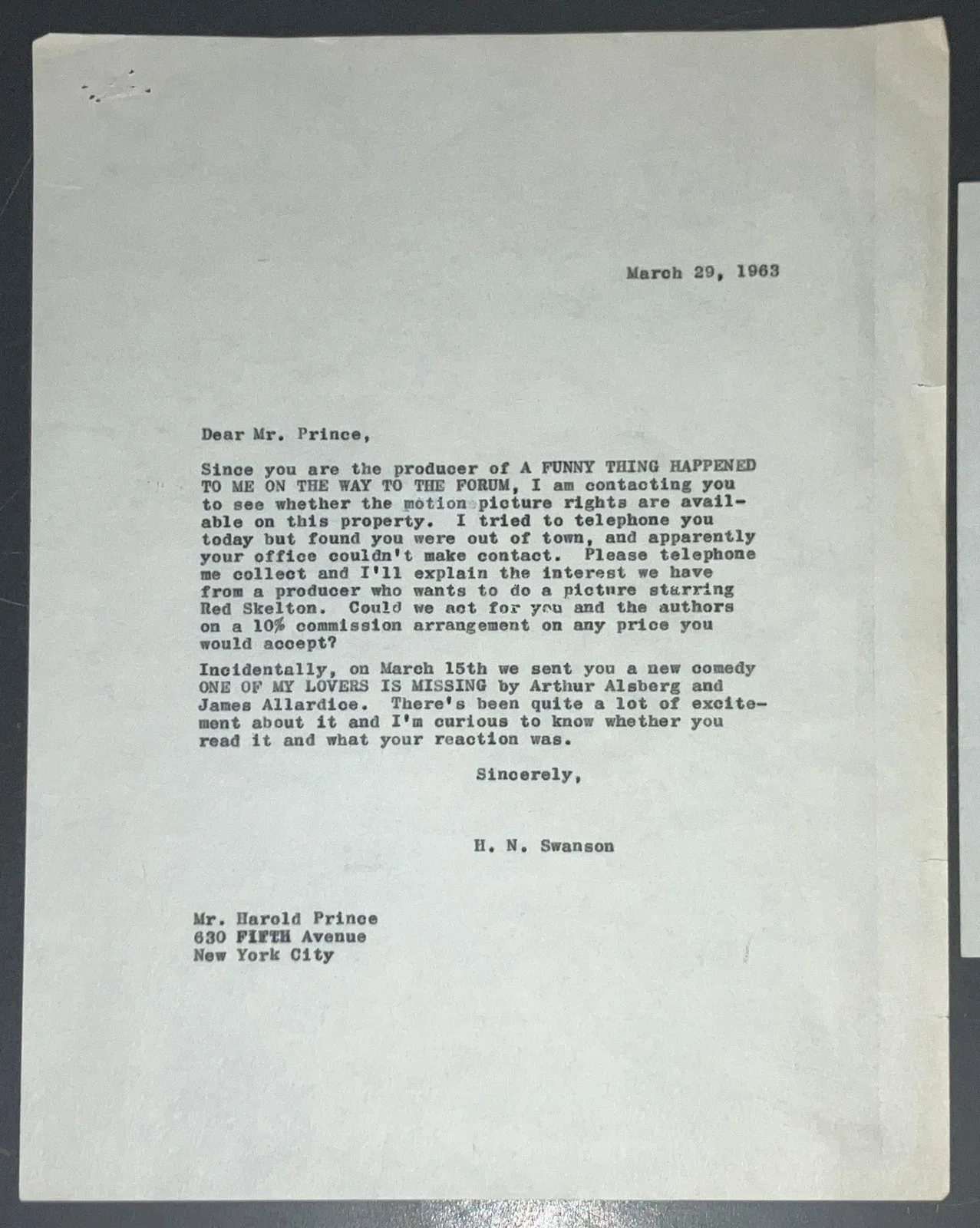 Hal Prince — Hal Prince Signed Letter 1963 H.N. Swanson Broadway Producer Funny Thing COA, изображение 2