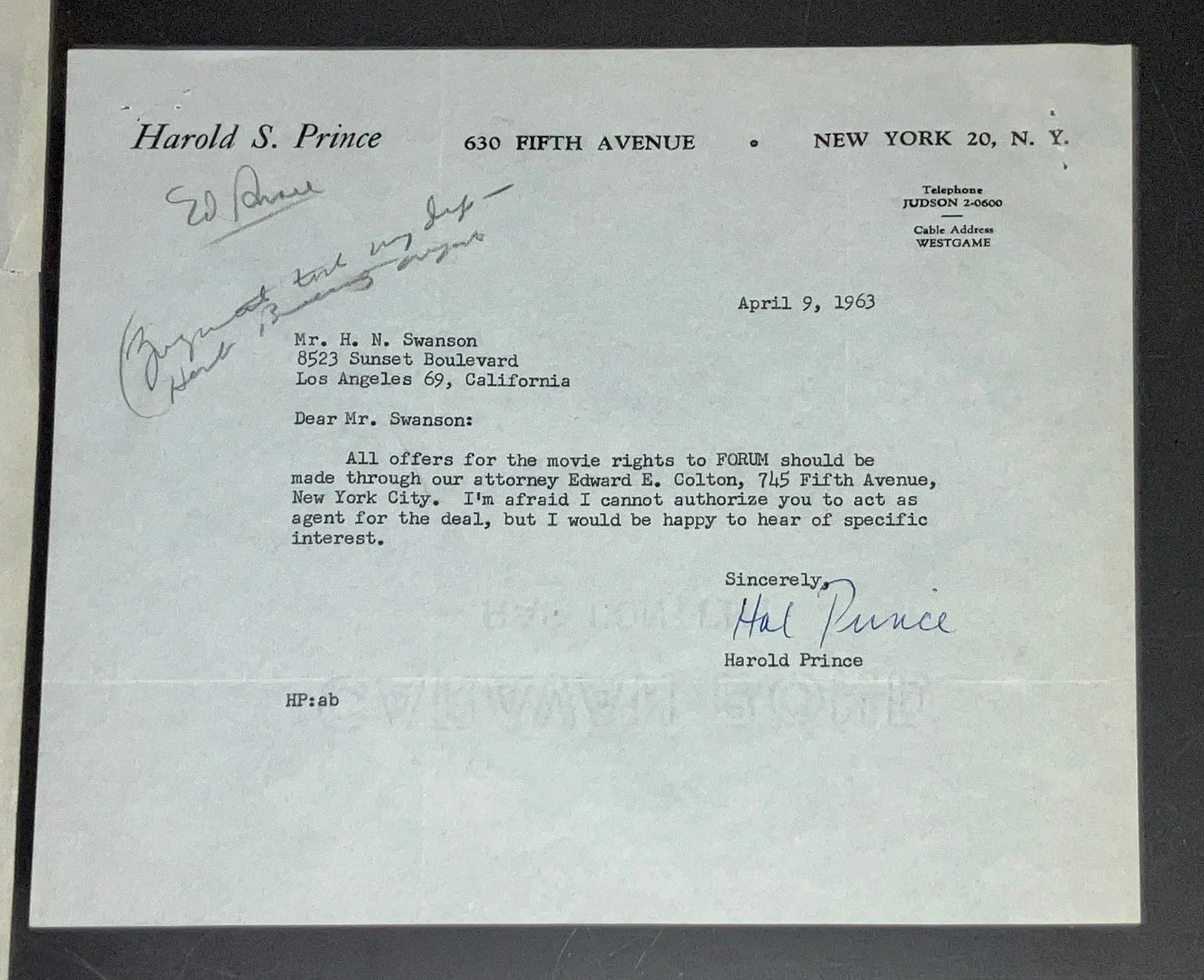 Hal Prince — Hal Prince Signed Letter 1963 H.N. Swanson Broadway Producer Funny Thing COA, изображение 3