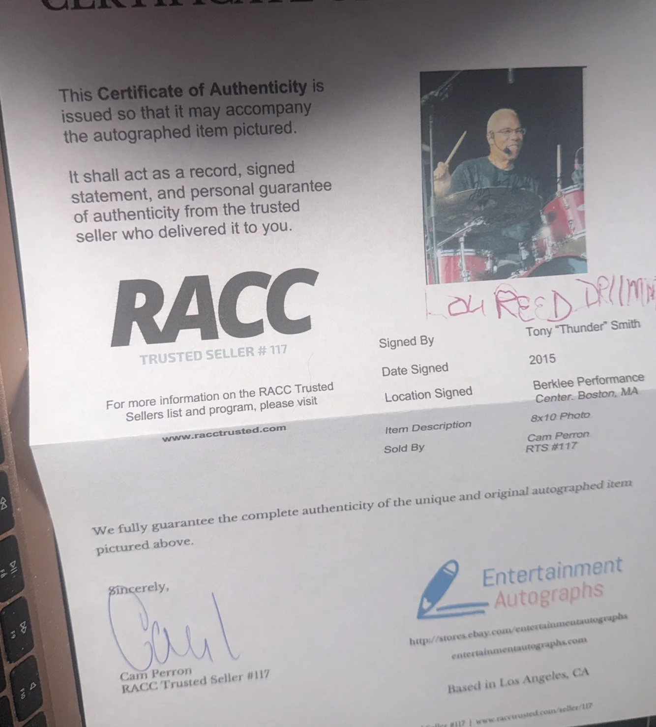 TONY THUNDER SMITH Drummer LOU REED SIGNED AUTOGRAPHED COA, image 2
