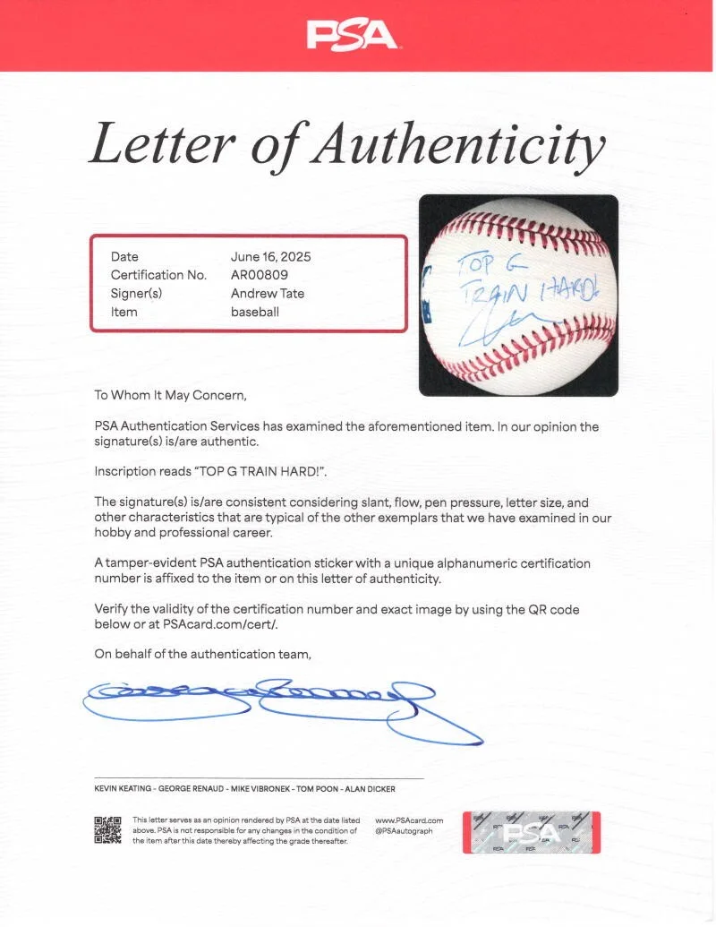 Andrew Tate — Andrew Tate Signed Autograph OMLB Baseball Ball - Top G Train Hard w/ PSA COA, изображение 3