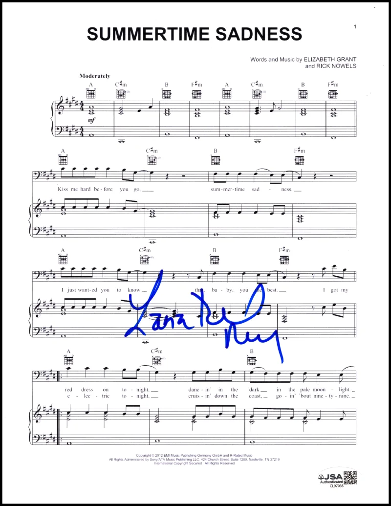 Lana Del Rey — Lana Del Rey Signed Autograph Summertime Sadness Sheet Music w/ JSA COA