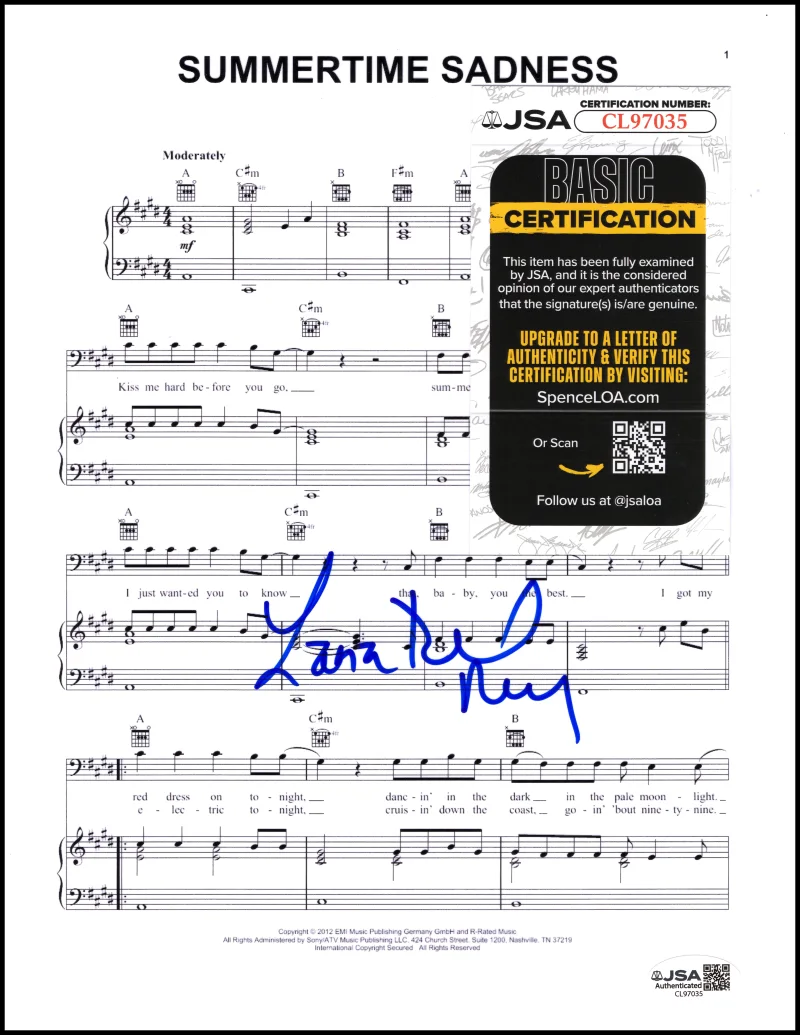 Lana Del Rey — Lana Del Rey Signed Autograph Summertime Sadness Sheet Music w/ JSA COA, изображение 2