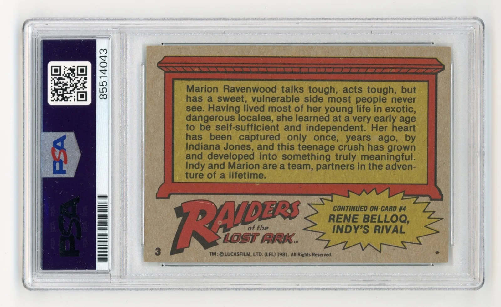Karen Allen — Karen Allen Signed 1981 Topps Marion Ravenwood 3 Trading Card PSA Slabbed AUTO, image 2