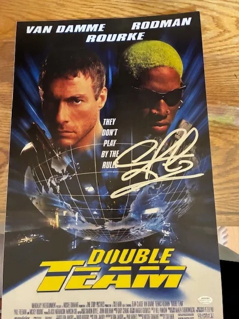 Dennis Rodman — Dennis Rodman Autograph Double Team 11x17 Movie Poster SCHWARTZ Detroit Pistons