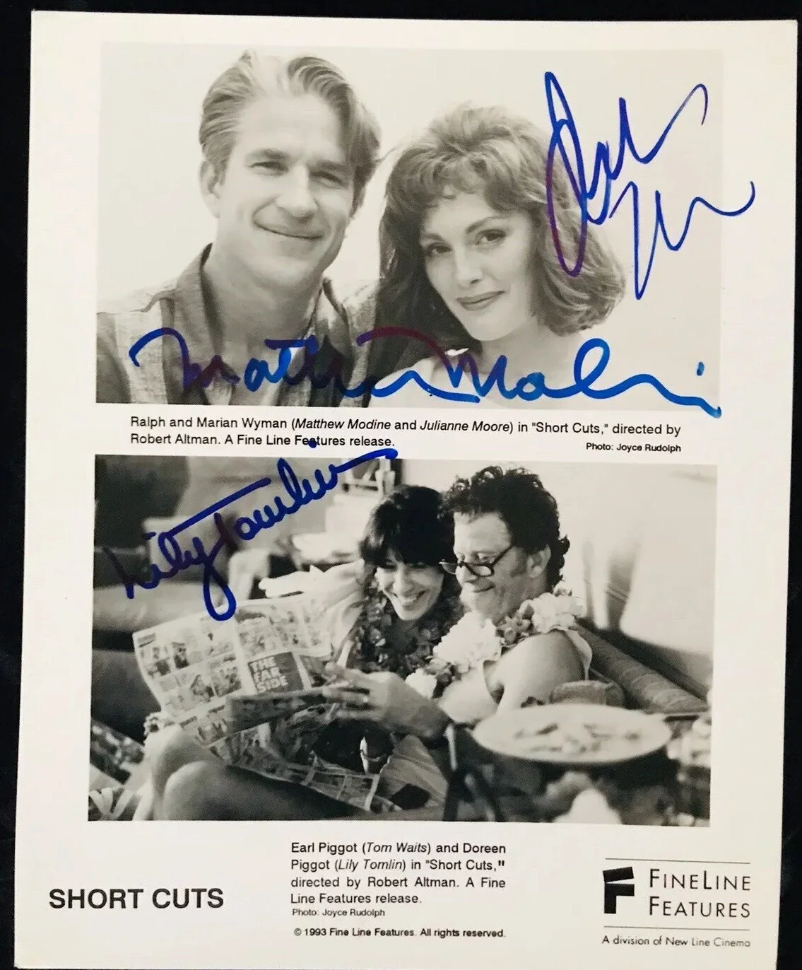 Julianne Moore, Matthew Modine, Lily Tomlin — Julianne Moore, Matthew Modine, Lily Tomlin signed 8x10 B&W Still Photo