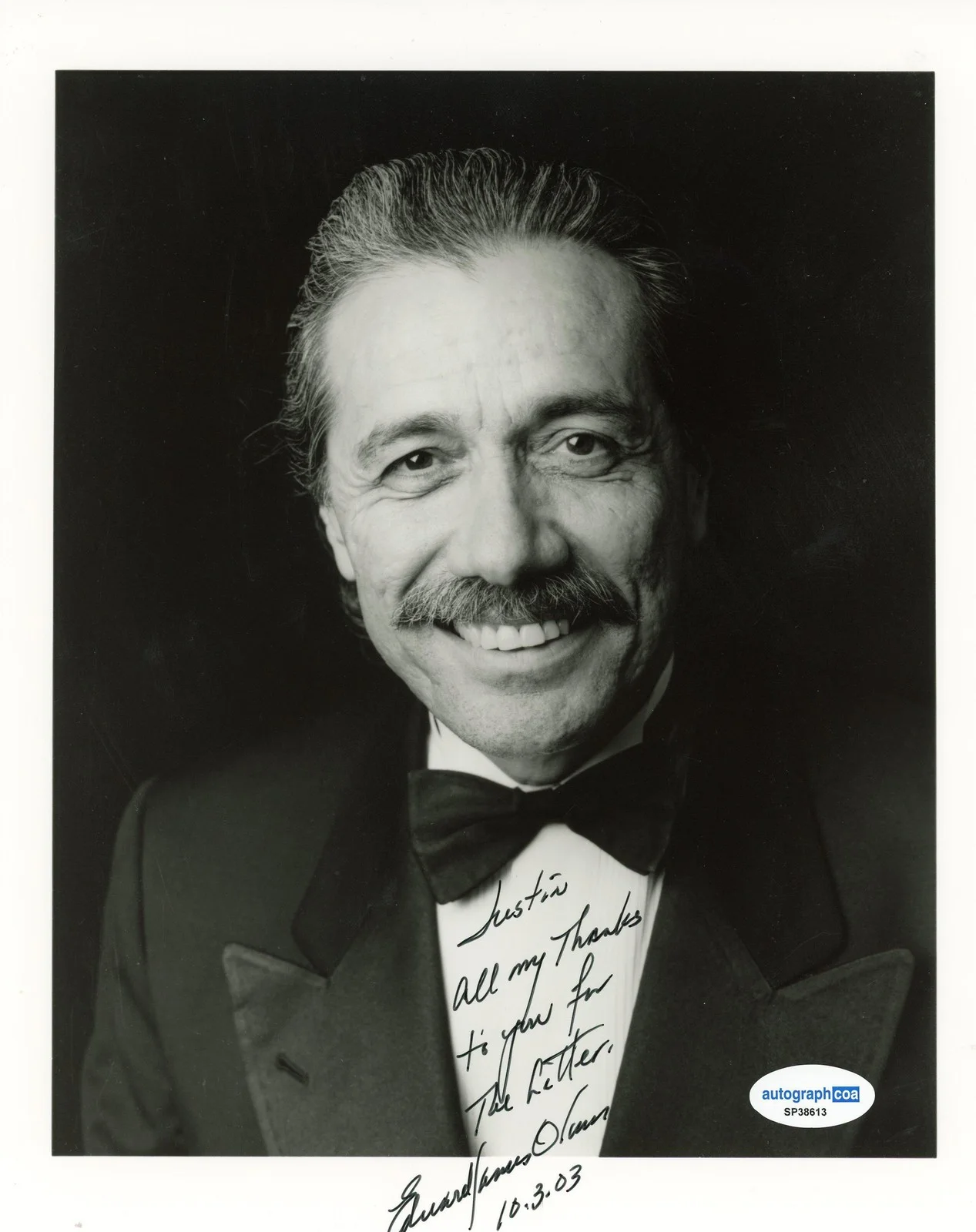 Edward James Olmos — Edward James Olmos "Battlestar Galactica" SIGNED 8x10 Photo 'To Justin' ACOA, image 2