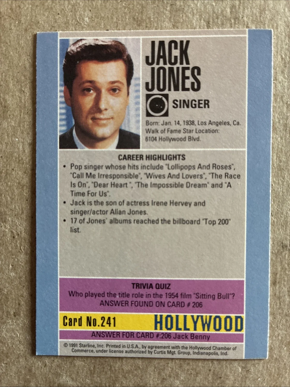JACK JONES SINGER 1991 STARLINE #241 AUTHENTIC HAND SIGNED AUTOGRAPHED CARD, изображение 2