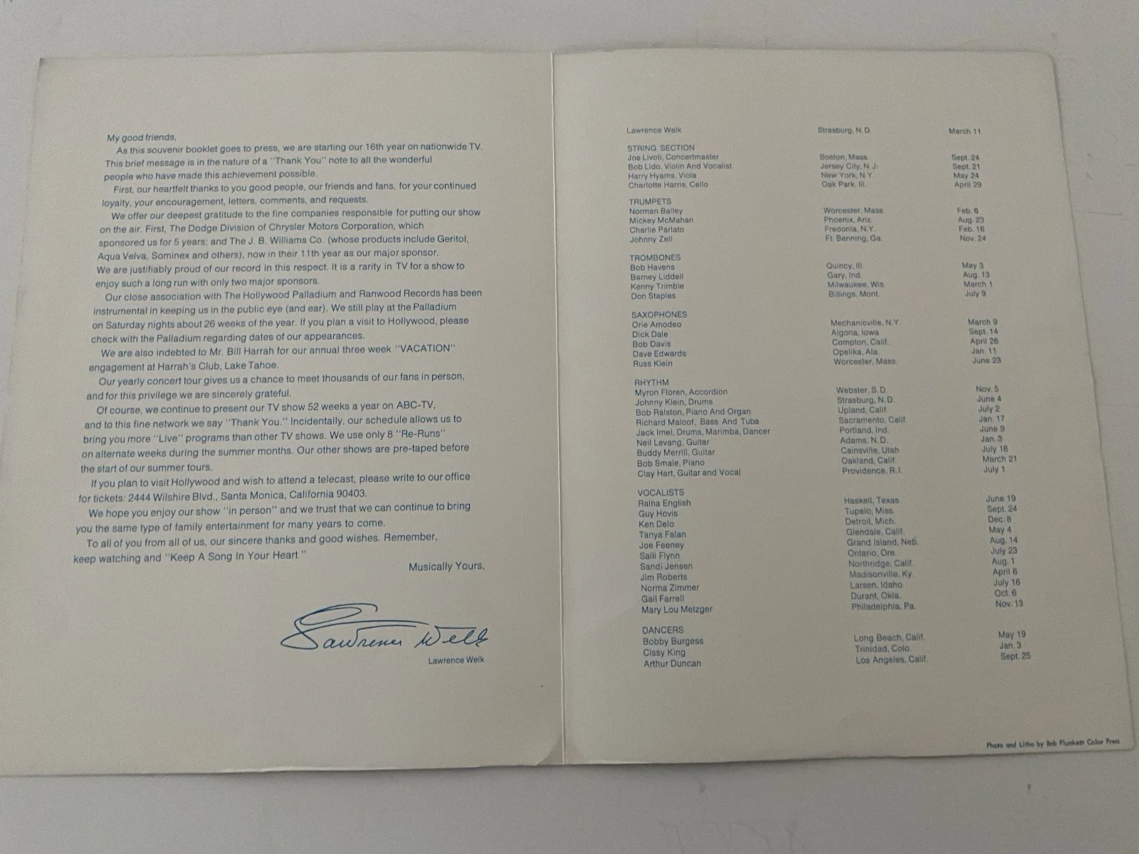 Vintage Brochure/Lawrence Welk’s 16th Tour Year. Autograph of Myron Floren, изображение 3