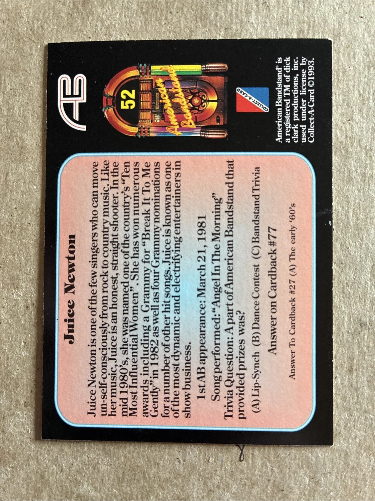 Juice Newton Hand Signed 1993 Collect-A-Card American Bandstand Card #52, изображение 2