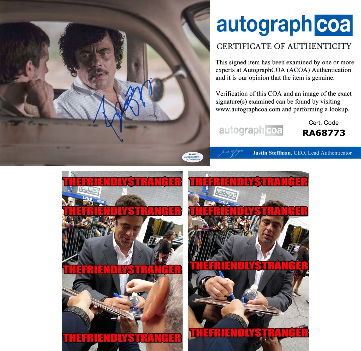 BENICIO DEL TORO — Benicio del Toro signed "ESCOBAR" 8x10 Photo AUTOGRAPH One Battle After ACOA COA