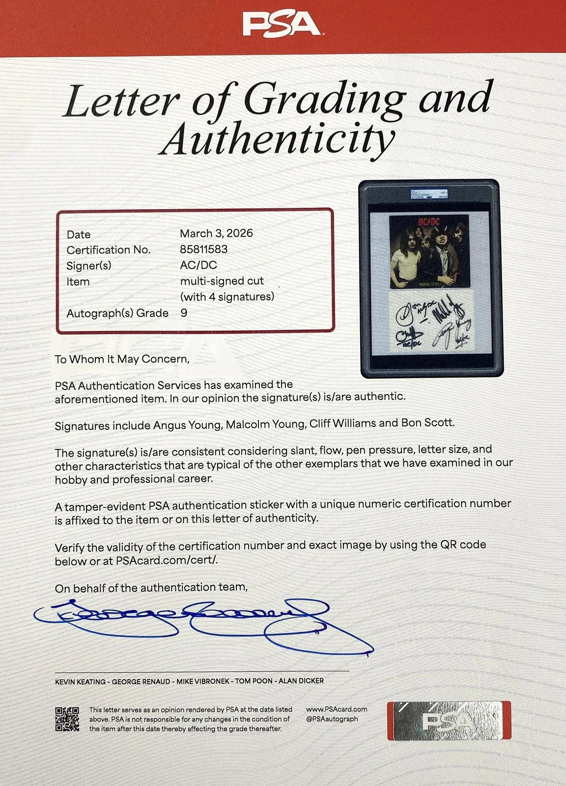 Bon Scott — AC/DC Signed Piece - Bon Scott, Young, Williams – PSA Mint 9, image 3